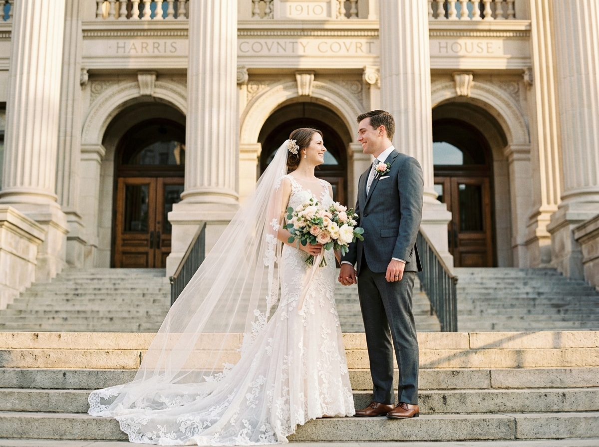 Romantic wedding couple outside the historic 1910 Harris County Courthouse